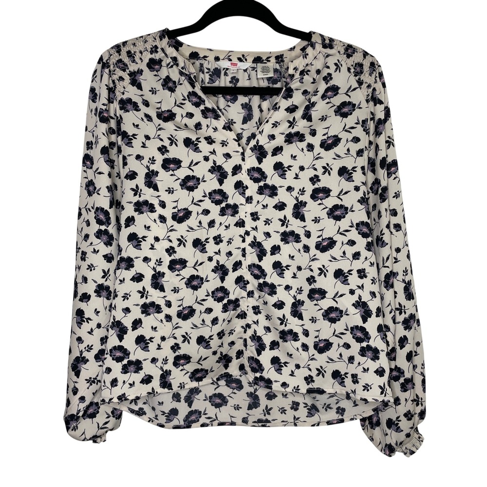 Levis Floral Blouse Women Size S Cream Navy Balloon Sleeve‎ Dark Floral Romantic